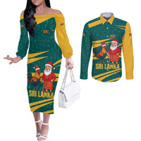 Sri Lanka Christmas Couples Matching Off The Shoulder Long Sleeve Dress and Long Sleeve Button Shirt with Santa Claus Rooster Festive Pattern and National Flag Design - Wonder Print Shop