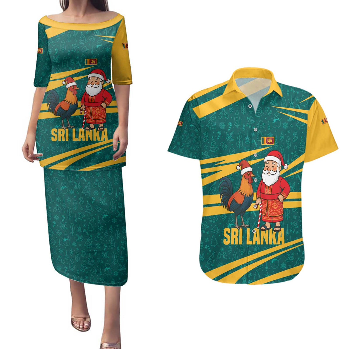 Sri Lanka Christmas Couples Matching Puletasi and Hawaiian Shirt with Santa Claus Rooster Festive Pattern and National Flag Design - Wonder Print Shop
