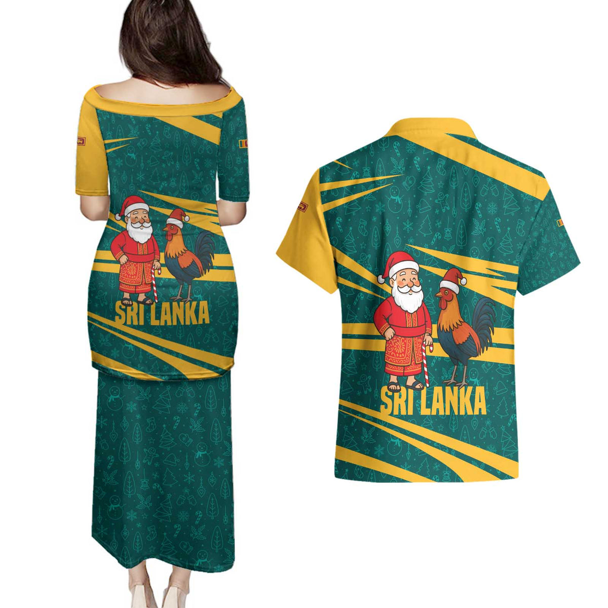 Sri Lanka Christmas Couples Matching Puletasi and Hawaiian Shirt with Santa Claus Rooster Festive Pattern and National Flag Design - Wonder Print Shop