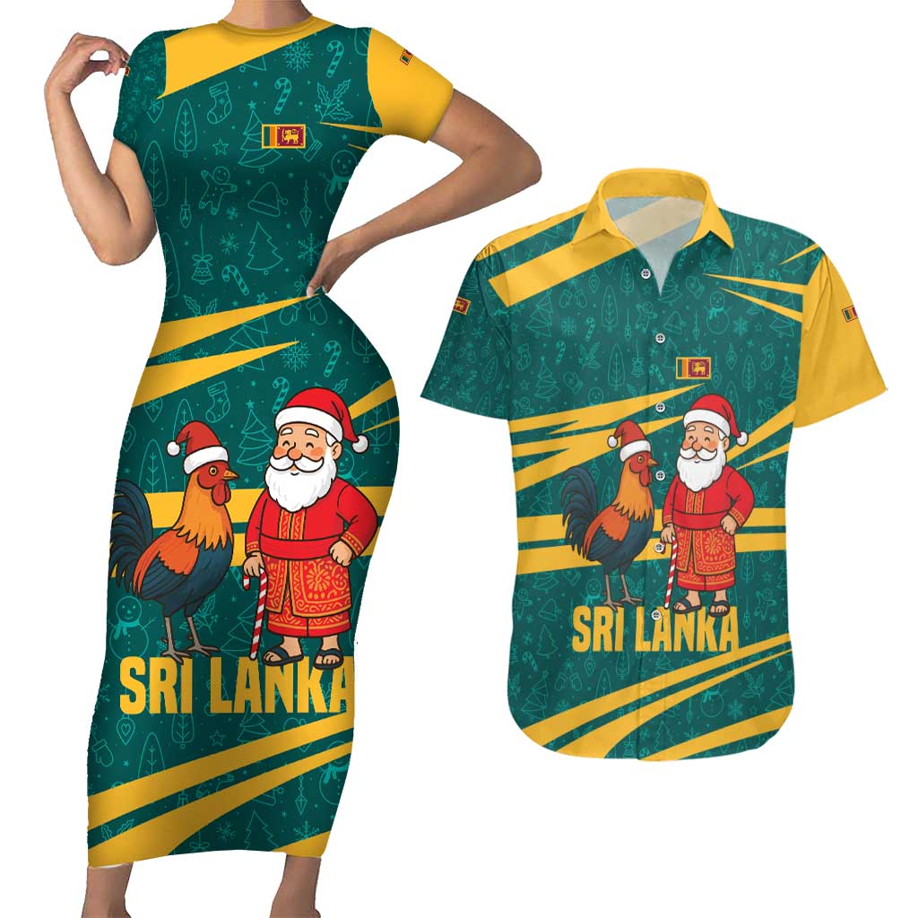 Sri Lanka Christmas Couples Matching Short Sleeve Bodycon Dress and Hawaiian Shirt with Santa Claus Rooster Festive Pattern and National Flag Design - Wonder Print Shop