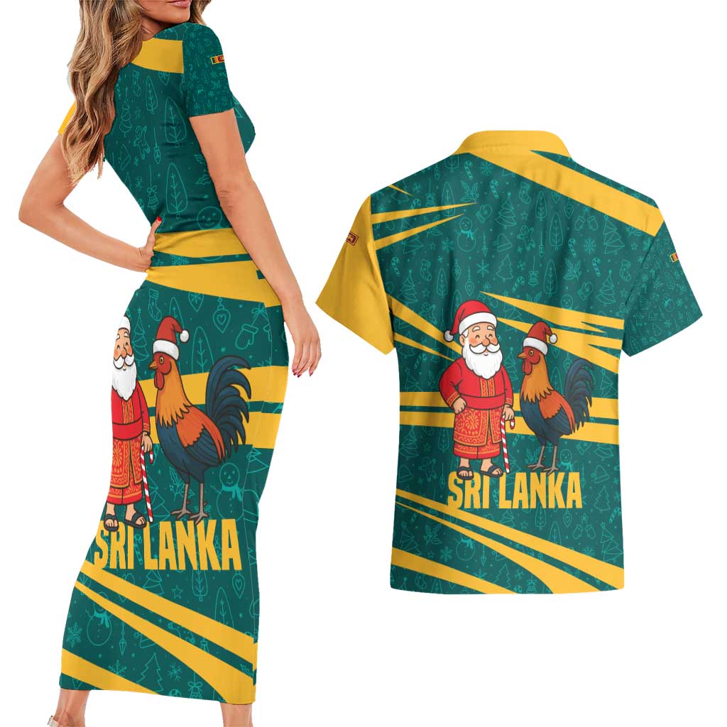 Sri Lanka Christmas Couples Matching Short Sleeve Bodycon Dress and Hawaiian Shirt with Santa Claus Rooster Festive Pattern and National Flag Design - Wonder Print Shop