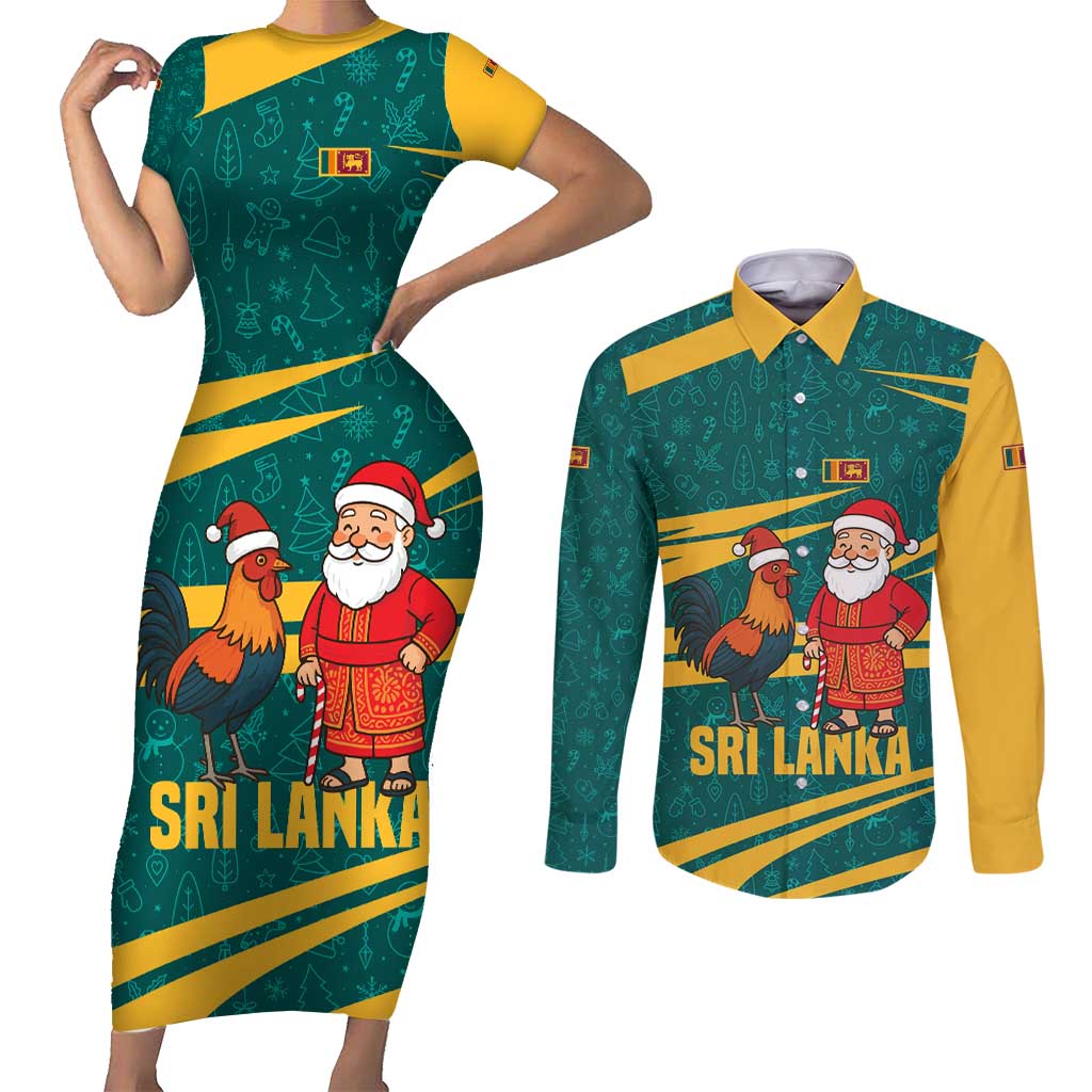 Sri Lanka Christmas Couples Matching Short Sleeve Bodycon Dress and Long Sleeve Button Shirt with Santa Claus Rooster Festive Pattern and National Flag Design - Wonder Print Shop