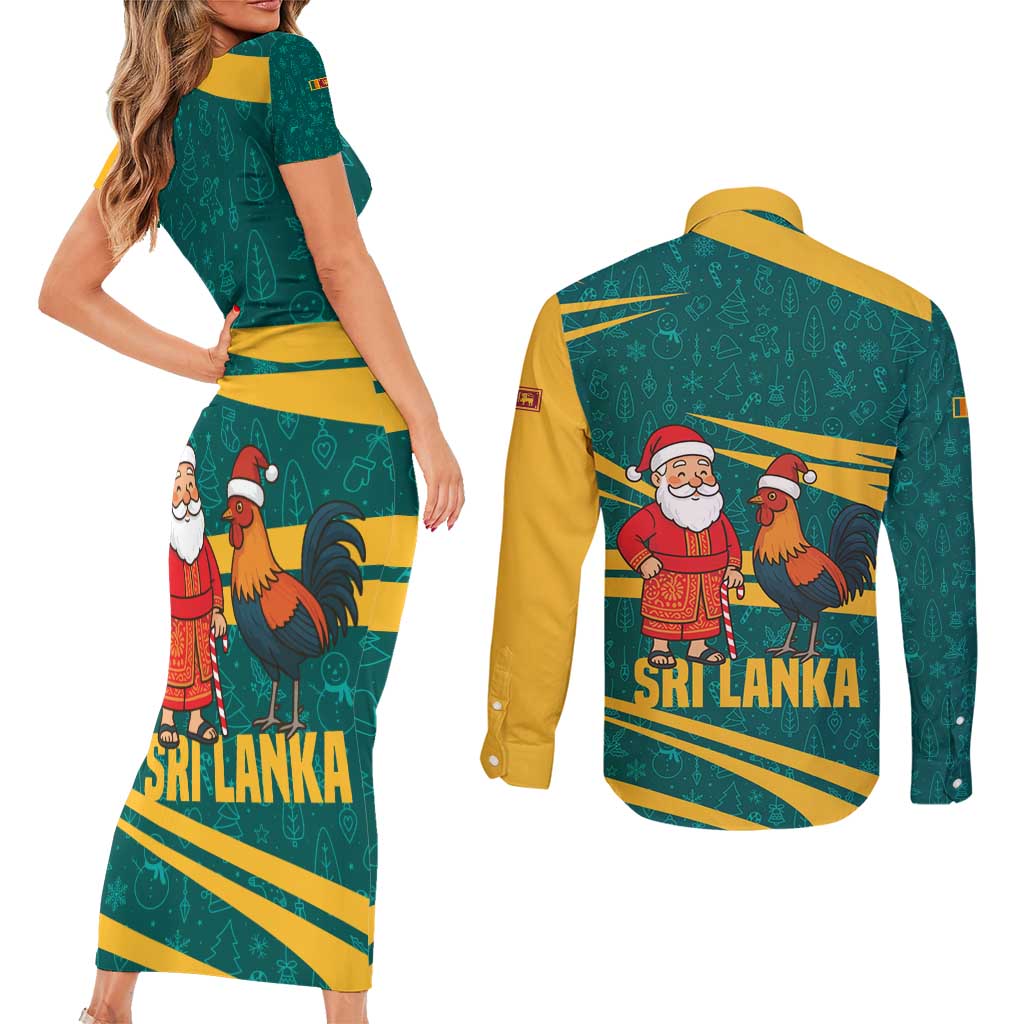 Sri Lanka Christmas Couples Matching Short Sleeve Bodycon Dress and Long Sleeve Button Shirt with Santa Claus Rooster Festive Pattern and National Flag Design - Wonder Print Shop