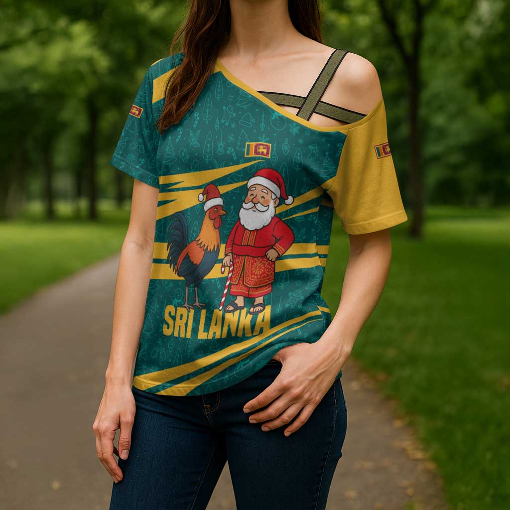 Sri Lanka Christmas Cross Shoulder Shirt with Santa Claus Rooster Festive Pattern and National Flag Design - Wonder Print Shop