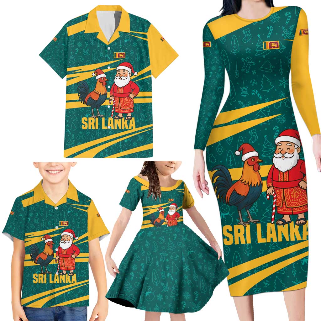 Sri Lanka Christmas Family Matching Long Sleeve Bodycon Dress and Hawaiian Shirt with Santa Claus Rooster Festive Pattern and National Flag Design - Wonder Print Shop