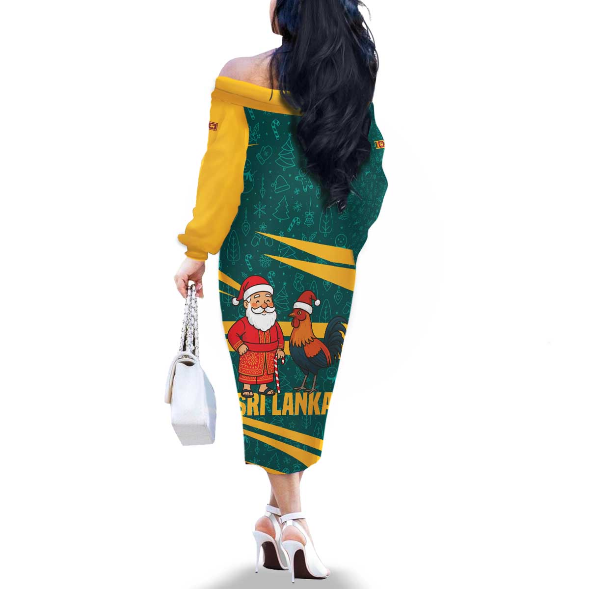 Sri Lanka Christmas Family Matching Off The Shoulder Long Sleeve Dress and Hawaiian Shirt with Santa Claus Rooster Festive Pattern and National Flag Design - Wonder Print Shop