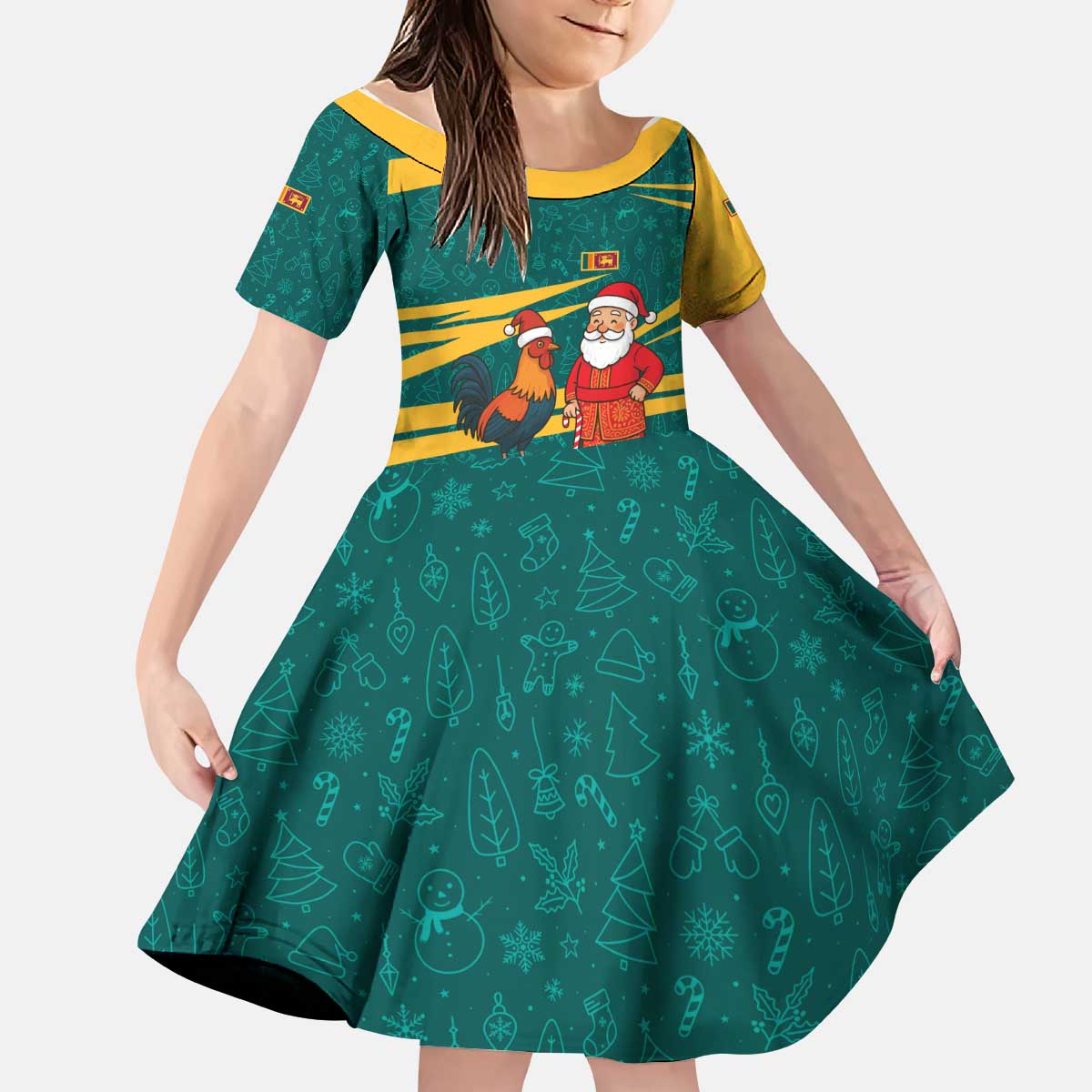 Sri Lanka Christmas Kid Short Sleeve Dress with Santa Claus Rooster Festive Pattern and National Flag Design - Wonder Print Shop