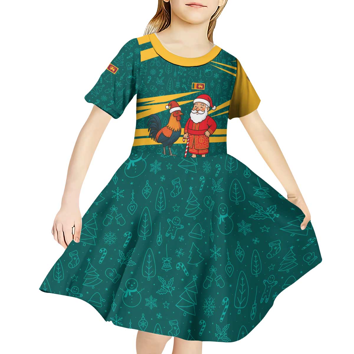 Sri Lanka Christmas Kid Short Sleeve Dress with Santa Claus Rooster Festive Pattern and National Flag Design - Wonder Print Shop