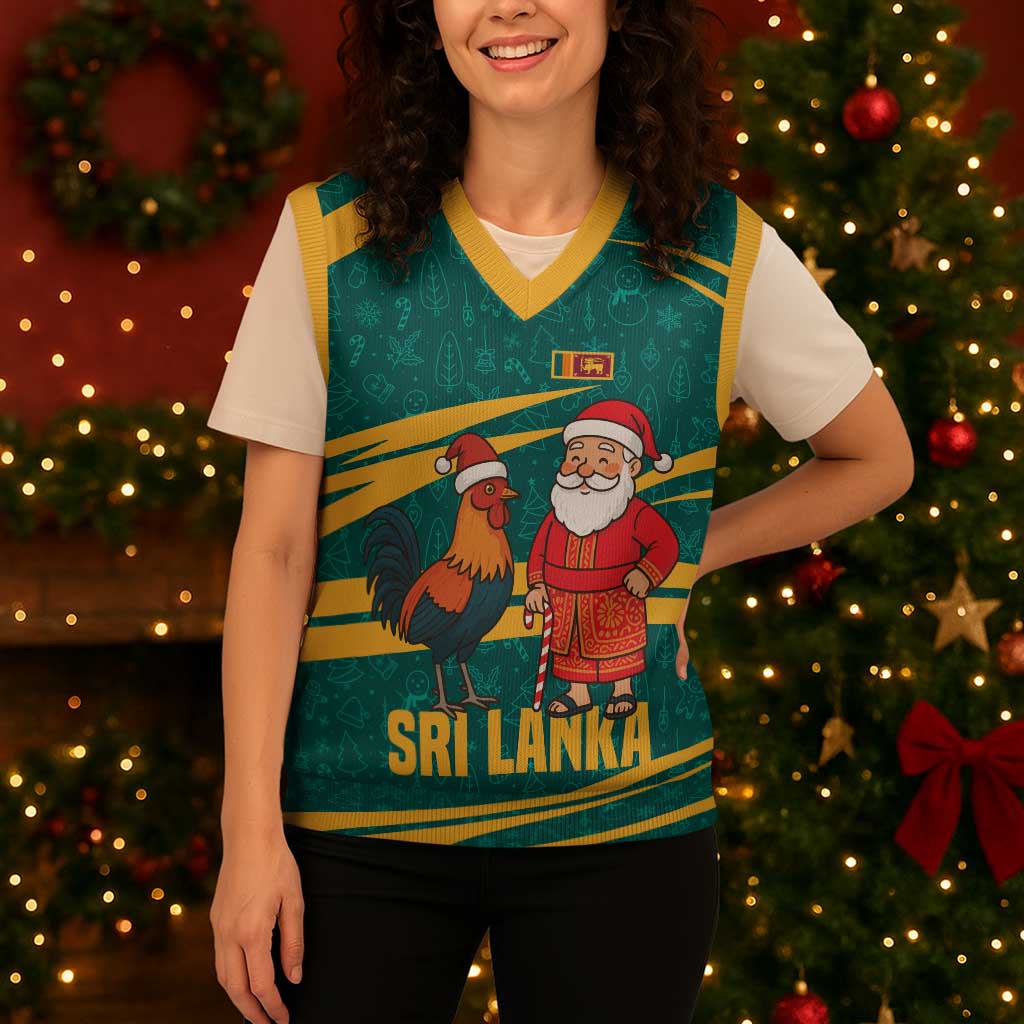 Sri Lanka Christmas Knitted V-Neck Vest with Santa Claus Rooster Festive Pattern and National Flag Design - Wonder Print Shop