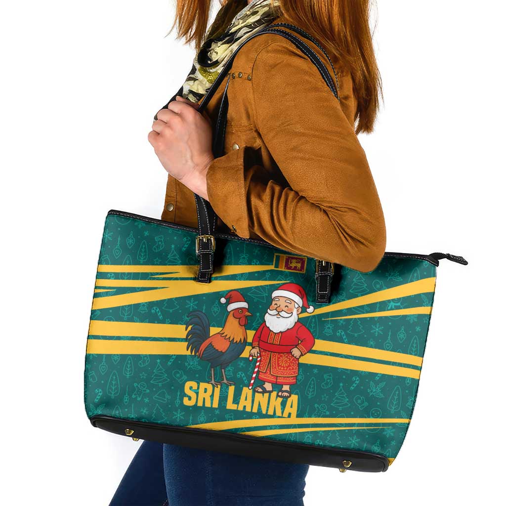 Sri Lanka Christmas Leather Tote Bag with Santa Claus Rooster Festive Pattern and National Flag Design - Wonder Print Shop