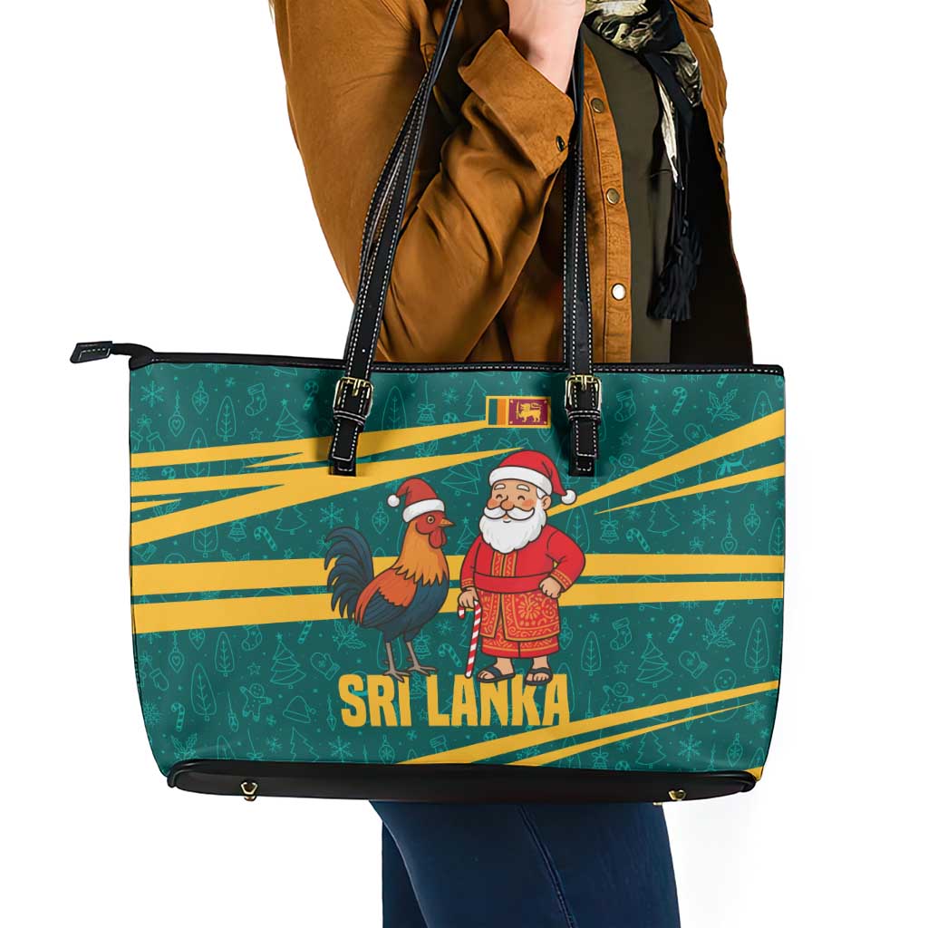 Sri Lanka Christmas Leather Tote Bag with Santa Claus Rooster Festive Pattern and National Flag Design - Wonder Print Shop