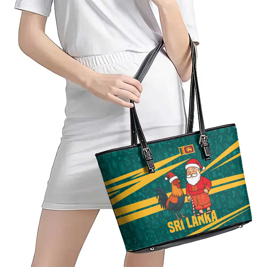 Sri Lanka Christmas Leather Tote Bag with Santa Claus Rooster Festive Pattern and National Flag Design - Wonder Print Shop