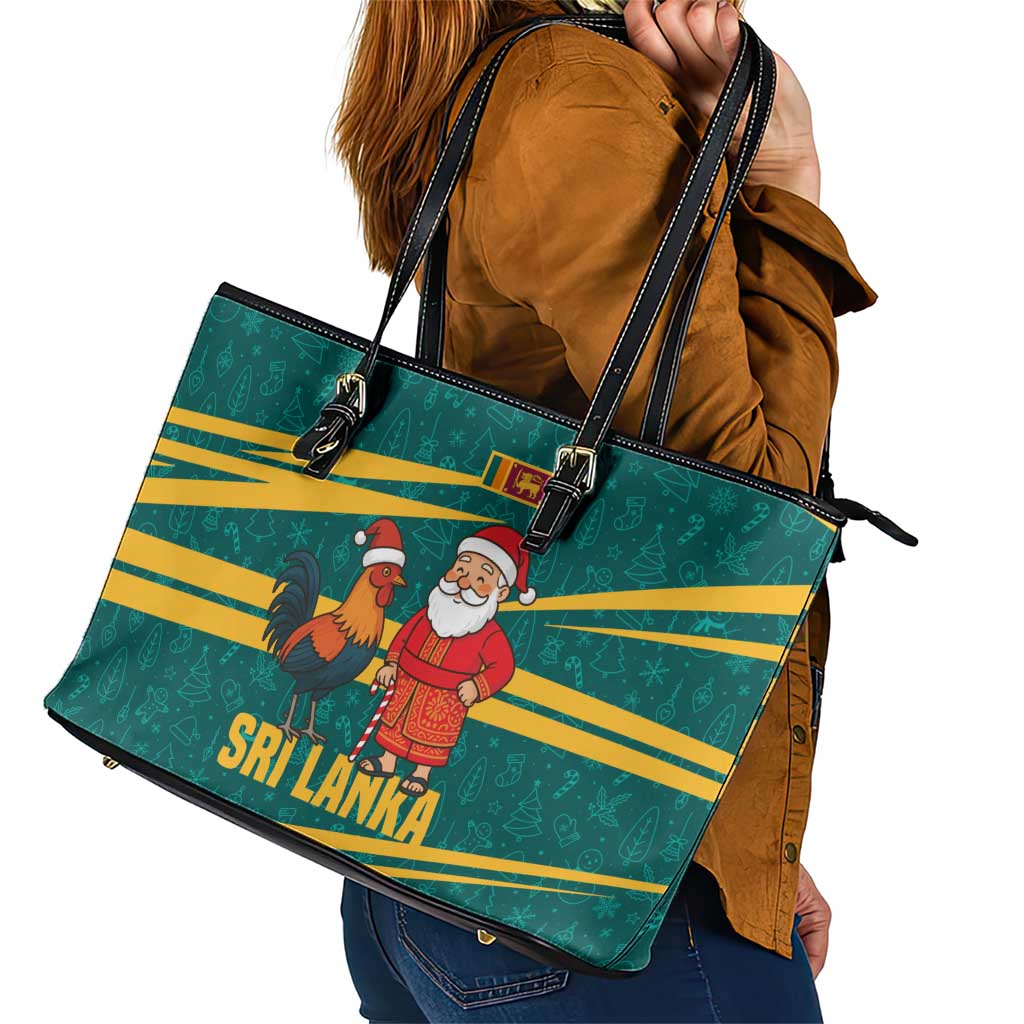 Sri Lanka Christmas Leather Tote Bag with Santa Claus Rooster Festive Pattern and National Flag Design - Wonder Print Shop