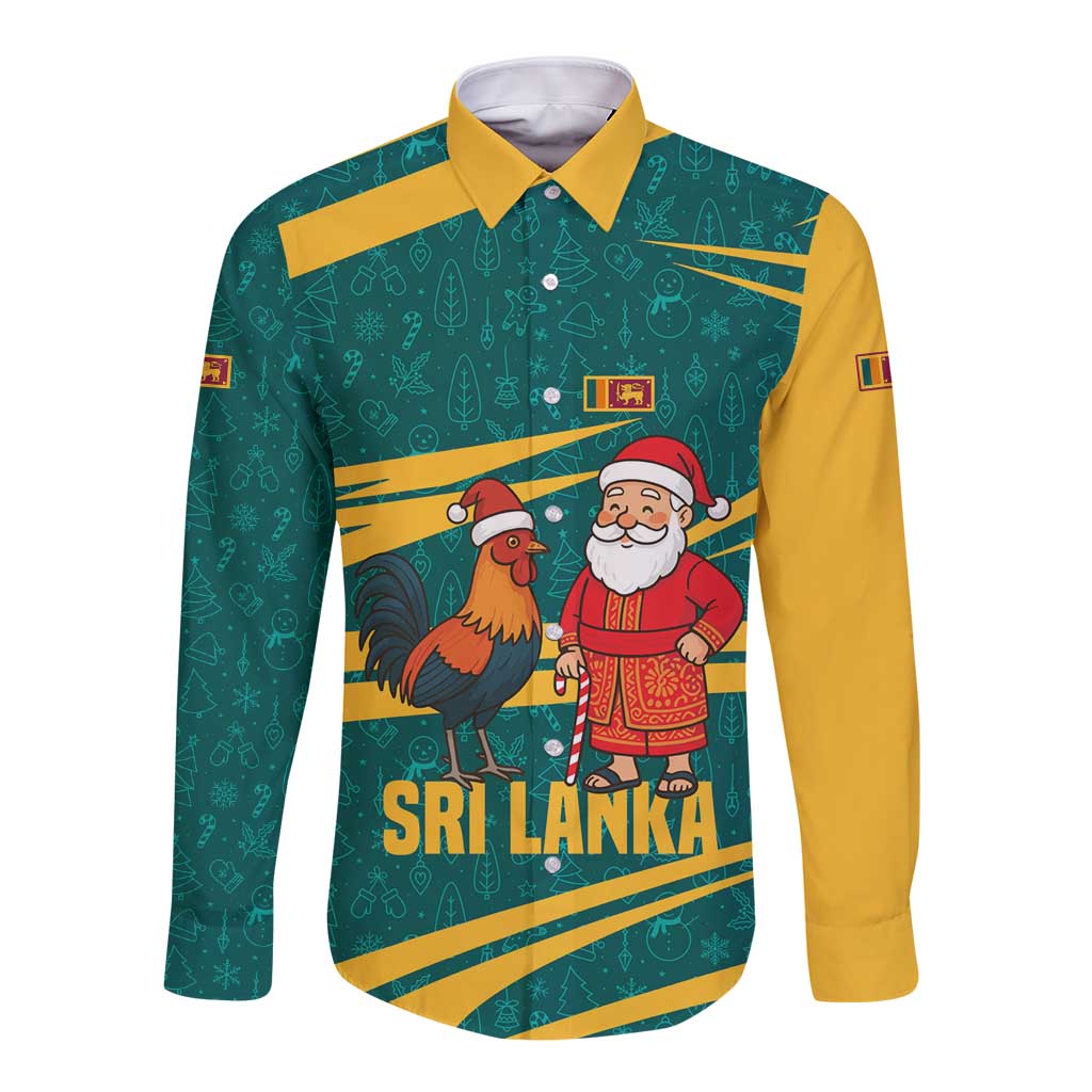 Sri Lanka Christmas Long Sleeve Button Shirt with Santa Claus Rooster Festive Pattern and National Flag Design - Wonder Print Shop