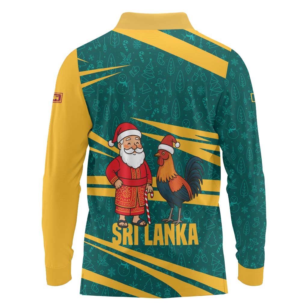 Sri Lanka Christmas Long Sleeve Polo Shirt with Santa Claus Rooster Festive Pattern and National Flag Design - Wonder Print Shop