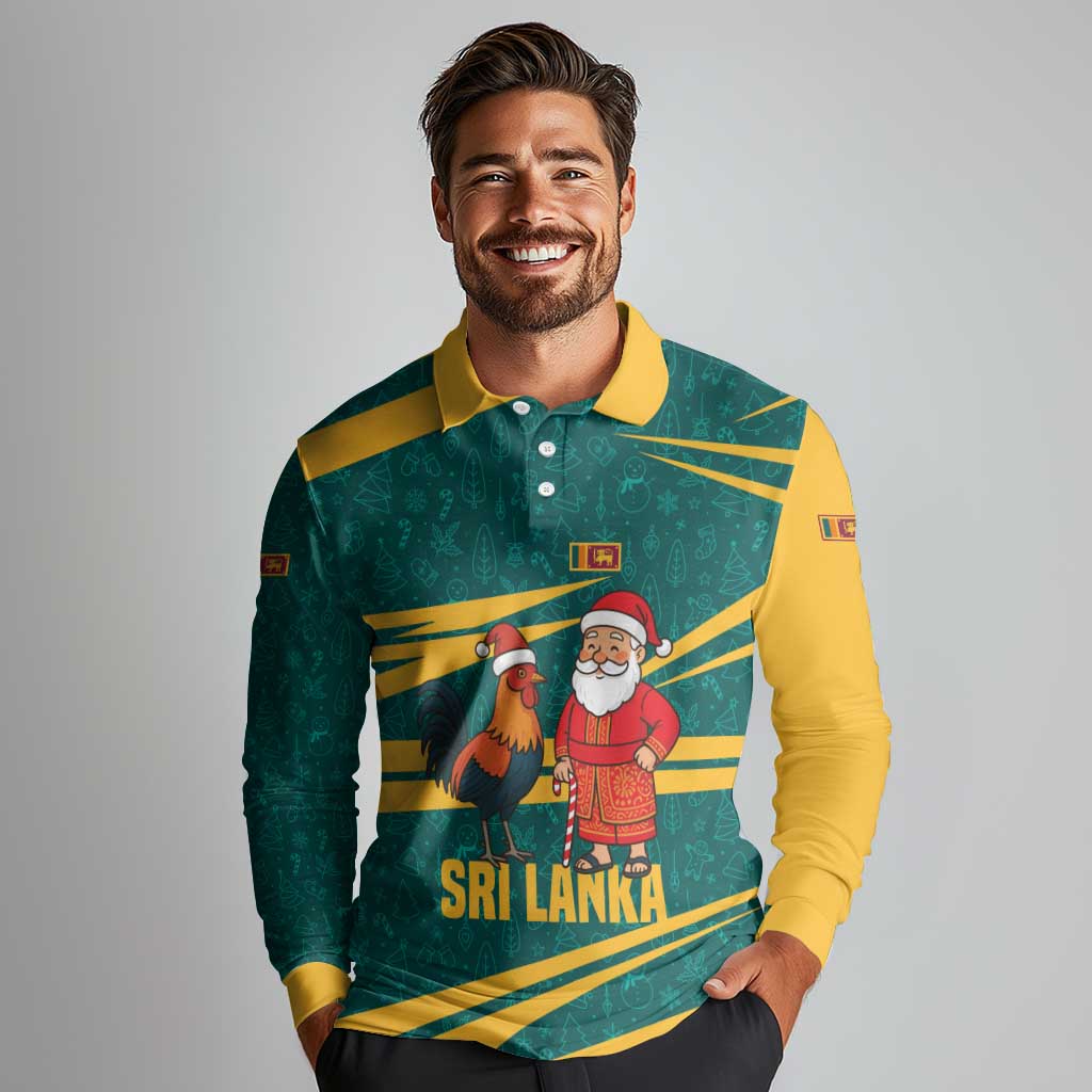 Sri Lanka Christmas Long Sleeve Polo Shirt with Santa Claus Rooster Festive Pattern and National Flag Design - Wonder Print Shop