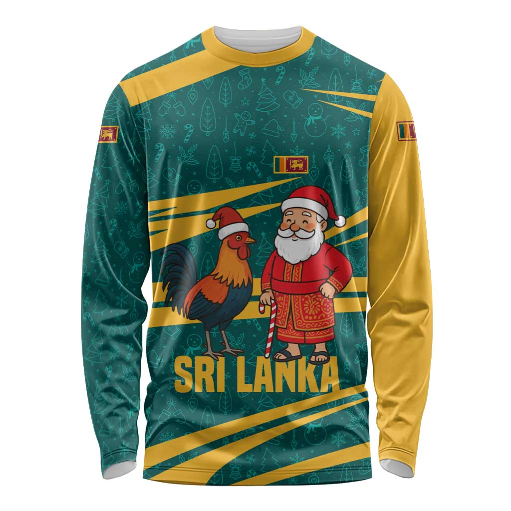 Sri Lanka Christmas Long Sleeve Shirt with Santa Claus Rooster Festive Pattern and National Flag Design - Wonder Print Shop