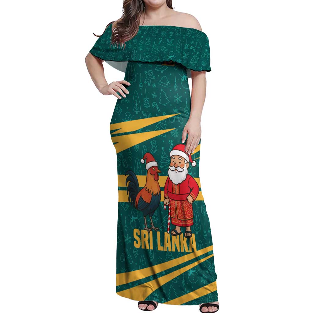 Sri Lanka Christmas Off Shoulder Maxi Dress with Santa Claus Rooster Festive Pattern and National Flag Design - Wonder Print Shop