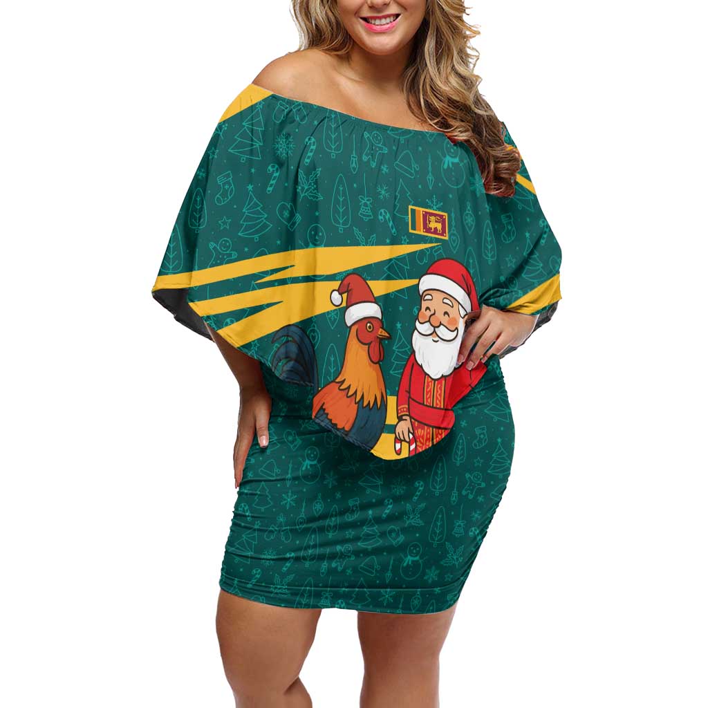 Sri Lanka Christmas Off Shoulder Short Dress with Santa Claus Rooster Festive Pattern and National Flag Design - Wonder Print Shop