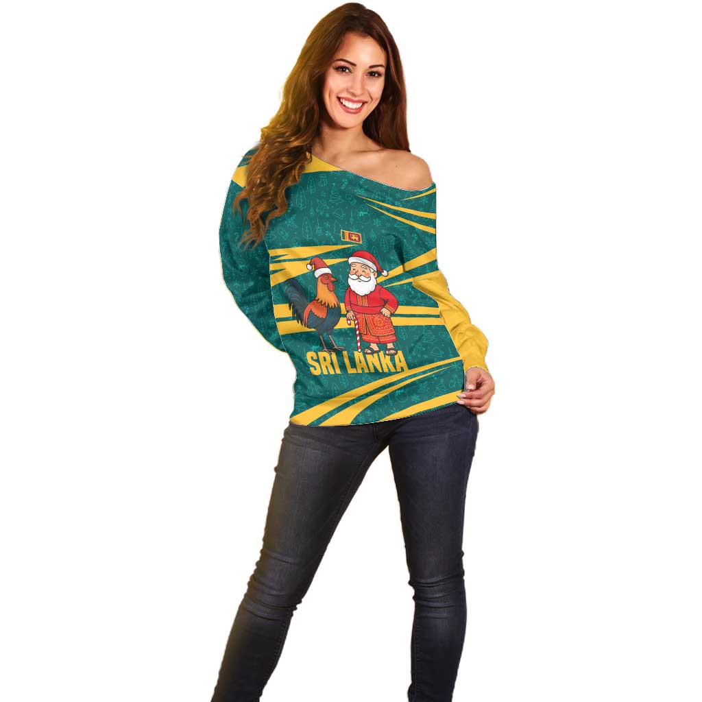 Sri Lanka Christmas Off Shoulder Sweater with Santa Claus Rooster Festive Pattern and National Flag Design - Wonder Print Shop
