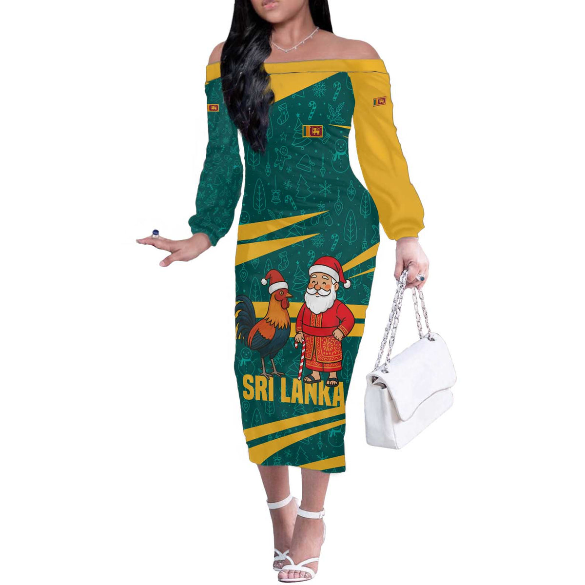 Sri Lanka Christmas Off The Shoulder Long Sleeve Dress with Santa Claus Rooster Festive Pattern and National Flag Design - Wonder Print Shop