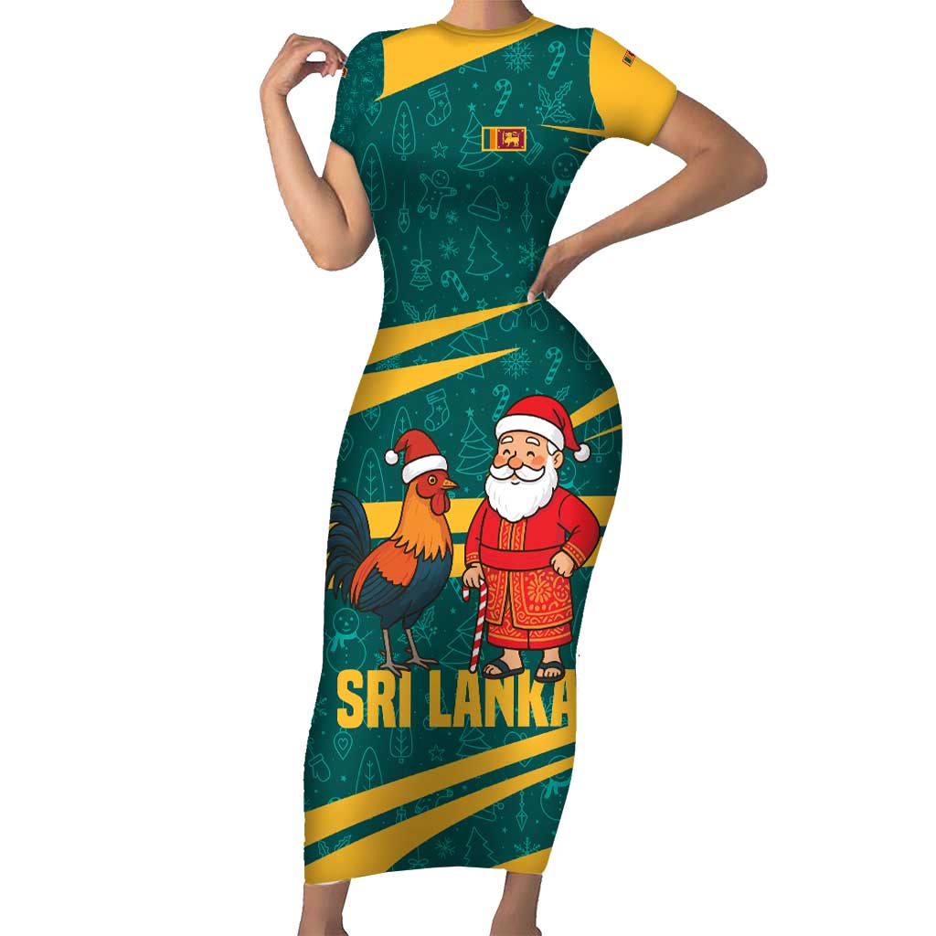 Sri Lanka Christmas Short Sleeve Bodycon Dress with Santa Claus Rooster Festive Pattern and National Flag Design - Wonder Print Shop