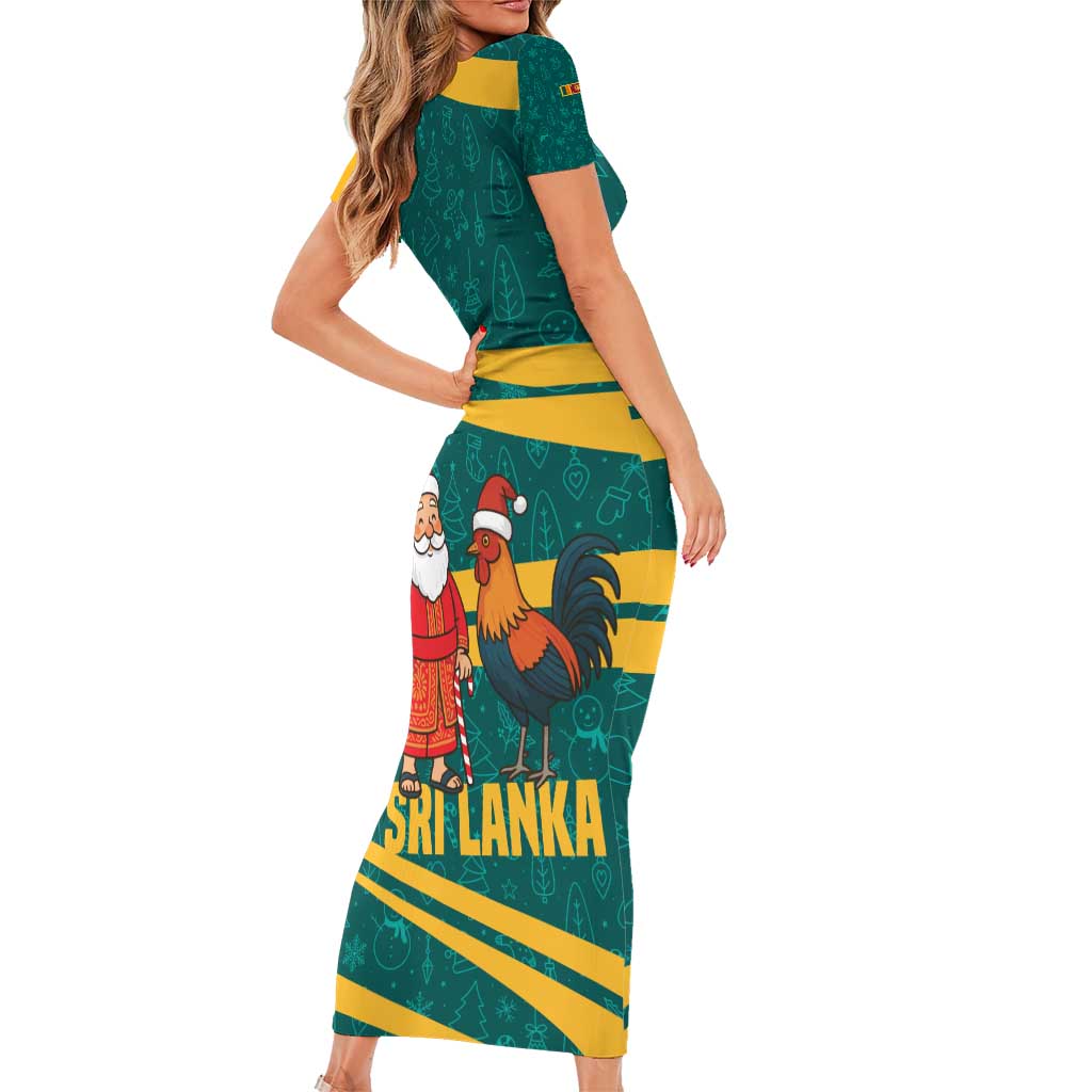 Sri Lanka Christmas Short Sleeve Bodycon Dress with Santa Claus Rooster Festive Pattern and National Flag Design - Wonder Print Shop