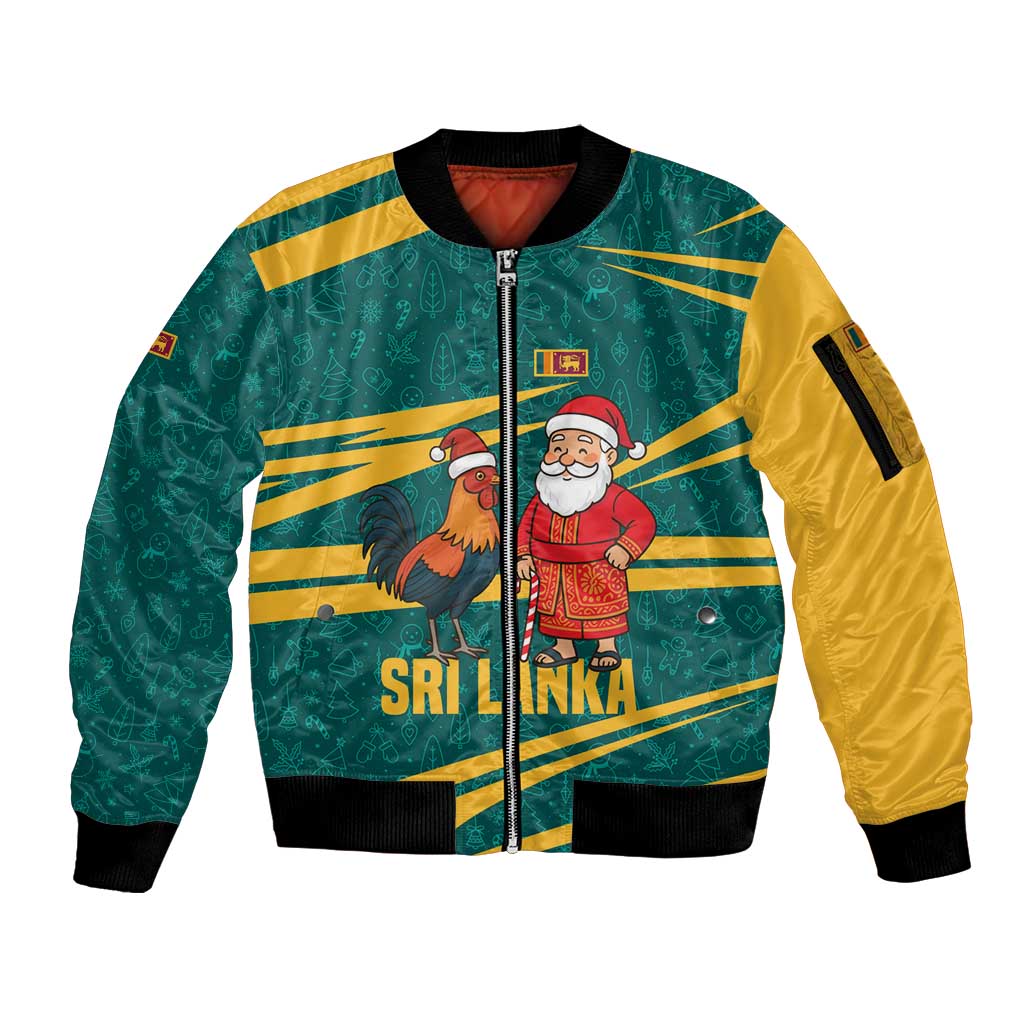 Sri Lanka Christmas Sleeve Zip Bomber Jacket with Santa Claus Rooster Festive Pattern and National Flag Design - Wonder Print Shop