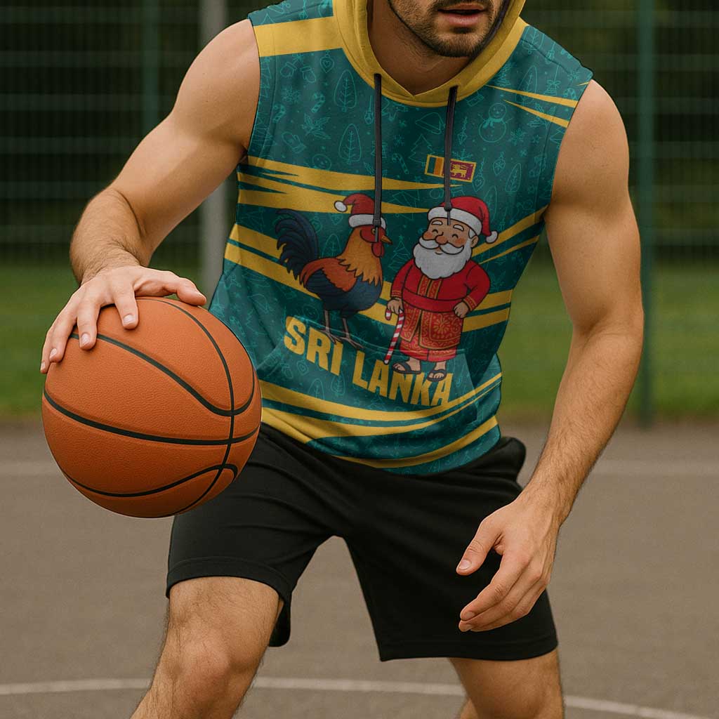 Sri Lanka Christmas Sleeveless Hoodie with Santa Claus Rooster Festive Pattern and National Flag Design - Wonder Print Shop