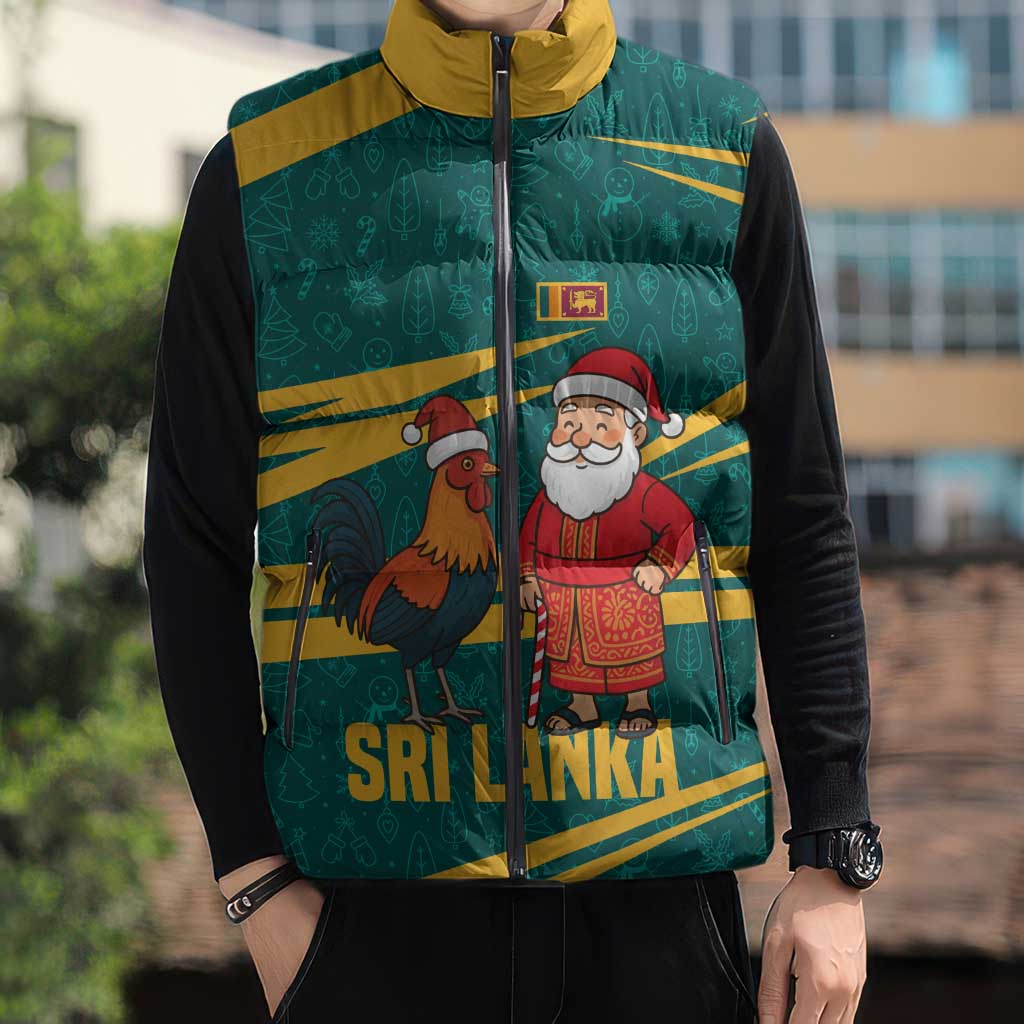 Sri Lanka Christmas Sleeveless Puffer Jacket with Santa Claus Rooster Festive Pattern and National Flag Design - Wonder Print Shop