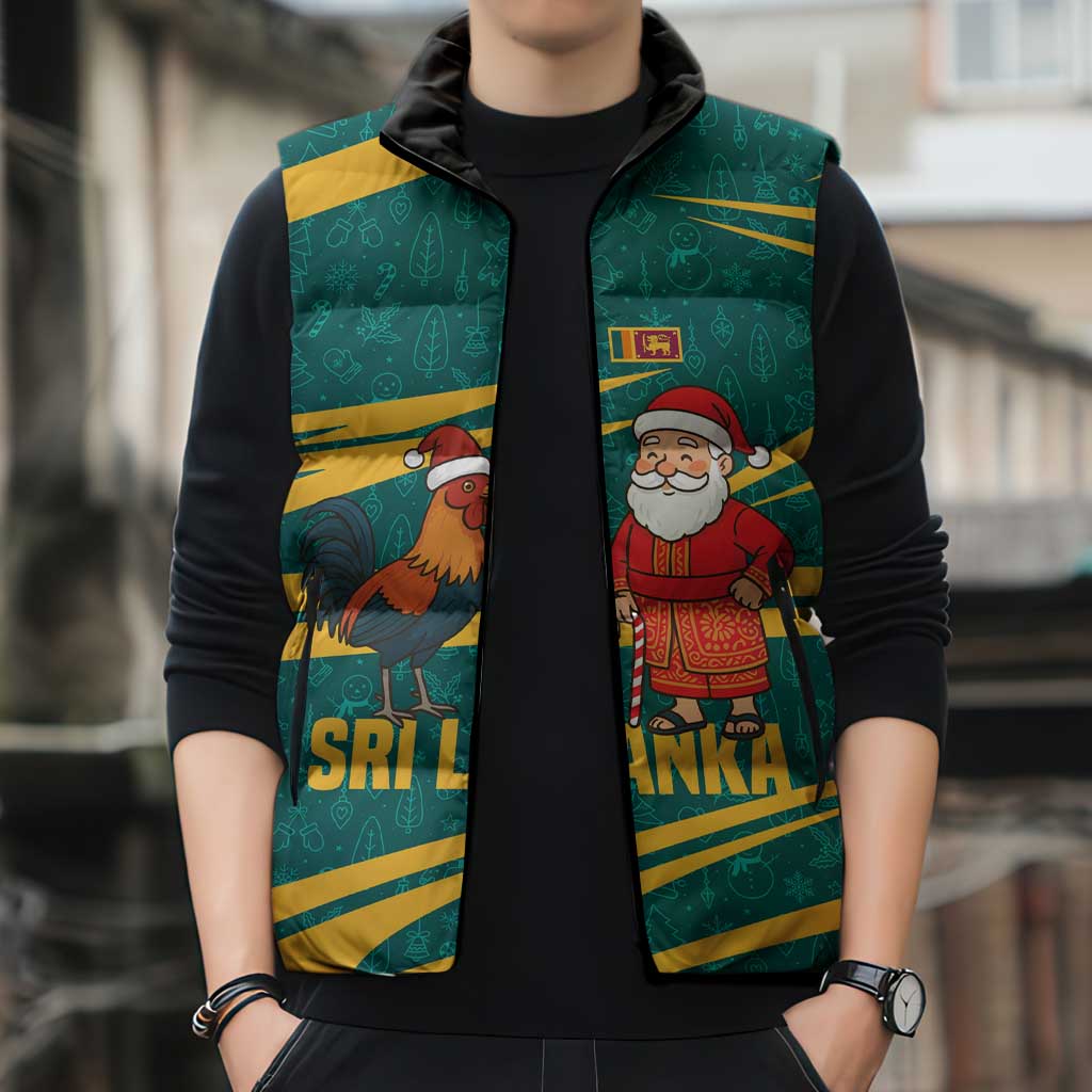 Sri Lanka Christmas Sleeveless Puffer Jacket with Santa Claus Rooster Festive Pattern and National Flag Design - Wonder Print Shop
