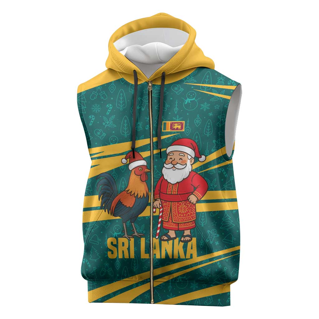 Sri Lanka Christmas Sleeveless Zip Hoodie with Santa Claus Rooster Festive Pattern and National Flag Design - Wonder Print Shop