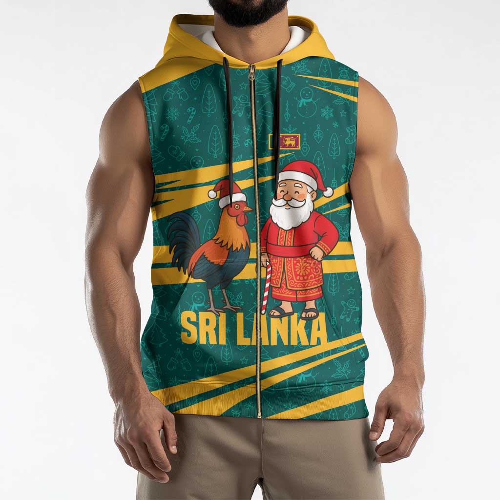 Sri Lanka Christmas Sleeveless Zip Hoodie with Santa Claus Rooster Festive Pattern and National Flag Design - Wonder Print Shop