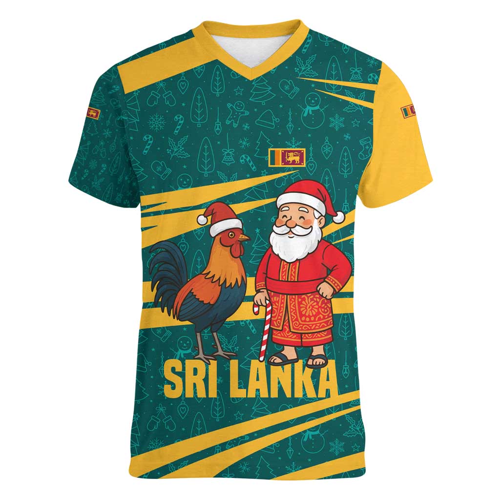 Sri Lanka Christmas Women V-Neck T-Shirt with Santa Claus Rooster Festive Pattern and National Flag Design - Wonder Print Shop