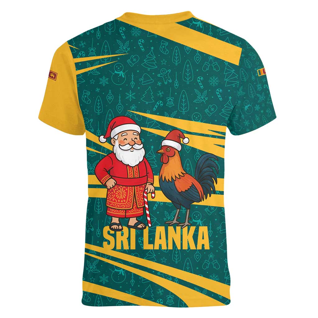 Sri Lanka Christmas Women V-Neck T-Shirt with Santa Claus Rooster Festive Pattern and National Flag Design - Wonder Print Shop