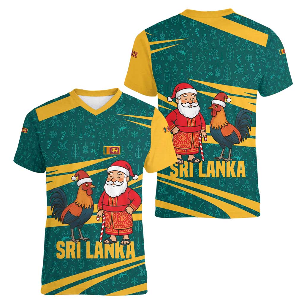 Sri Lanka Christmas Women V-Neck T-Shirt with Santa Claus Rooster Festive Pattern and National Flag Design - Wonder Print Shop