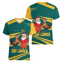 Sri Lanka Christmas Women V-Neck T-Shirt with Santa Claus Rooster Festive Pattern and National Flag Design - Wonder Print Shop