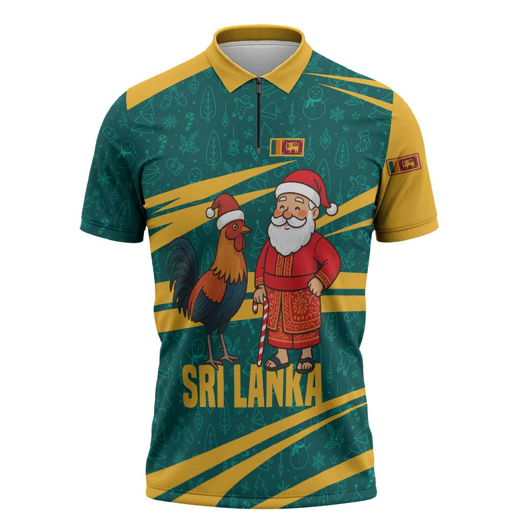 Sri Lanka Christmas Zipper Polo Shirt with Santa Claus Rooster Festive Pattern and National Flag Design - Wonder Print Shop