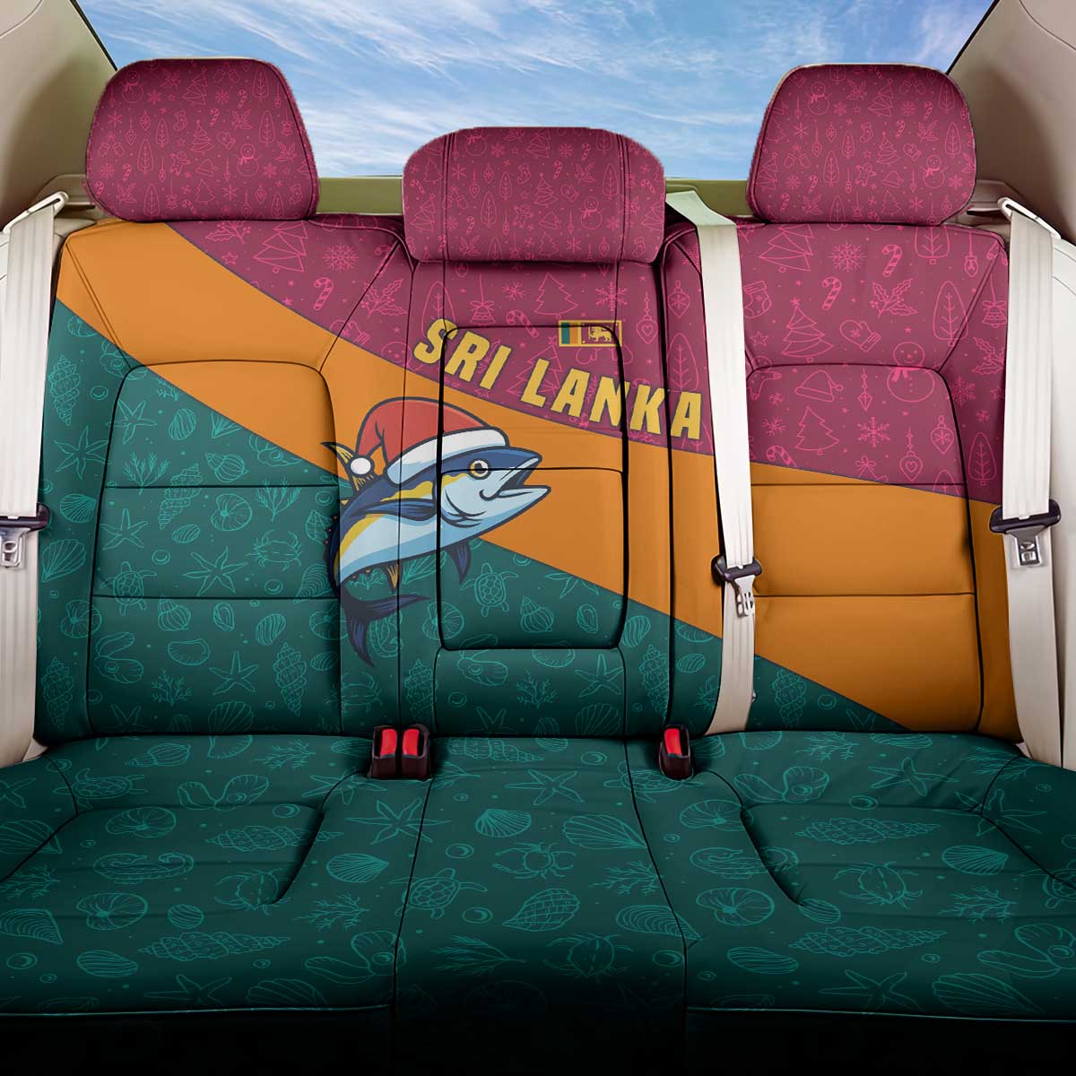 Sri Lanka Christmas Back Car Seat Cover with Santa Hat Fish Ocean Icons and Tri Color Festive Design - Wonder Print Shop