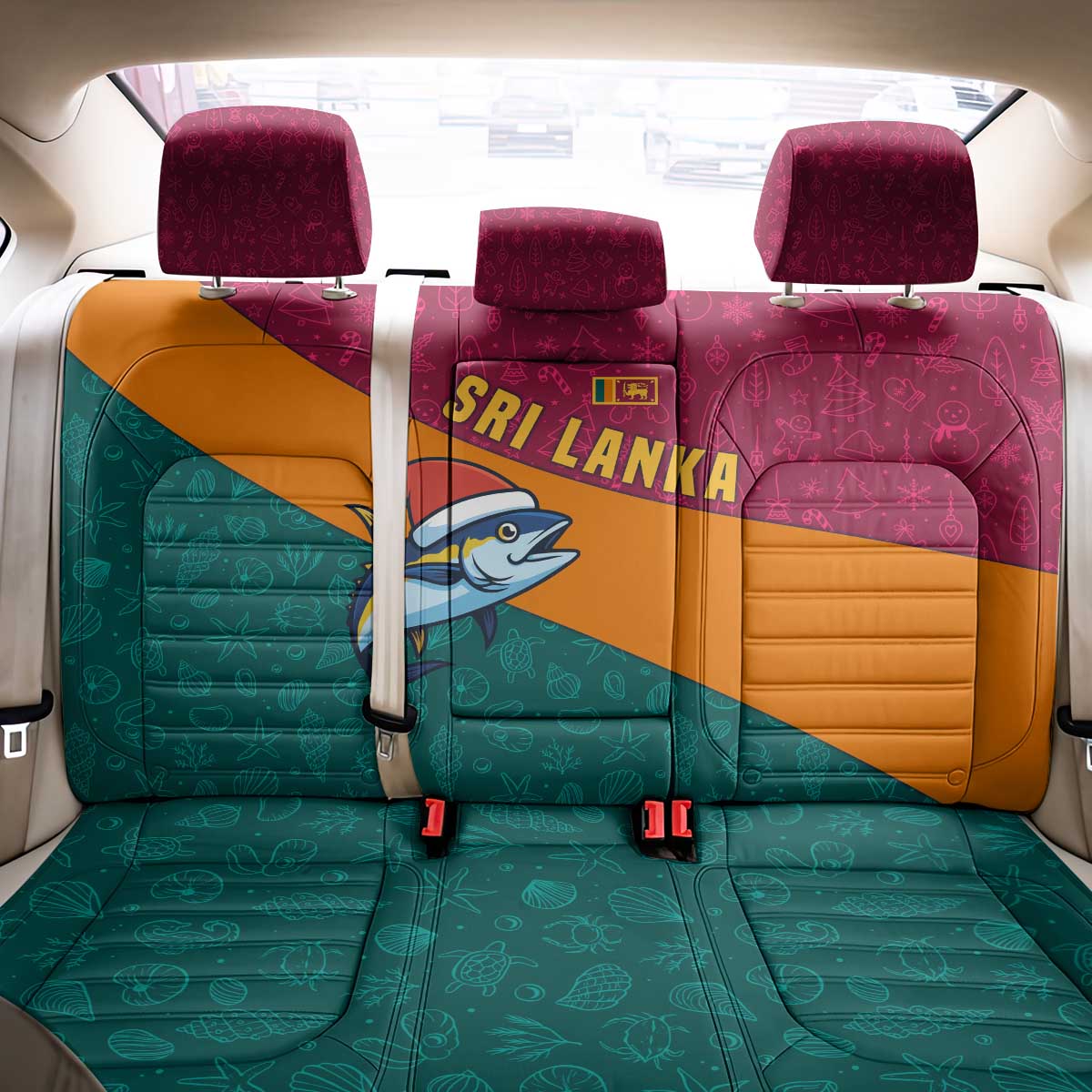 Sri Lanka Christmas Back Car Seat Cover with Santa Hat Fish Ocean Icons and Tri Color Festive Design - Wonder Print Shop