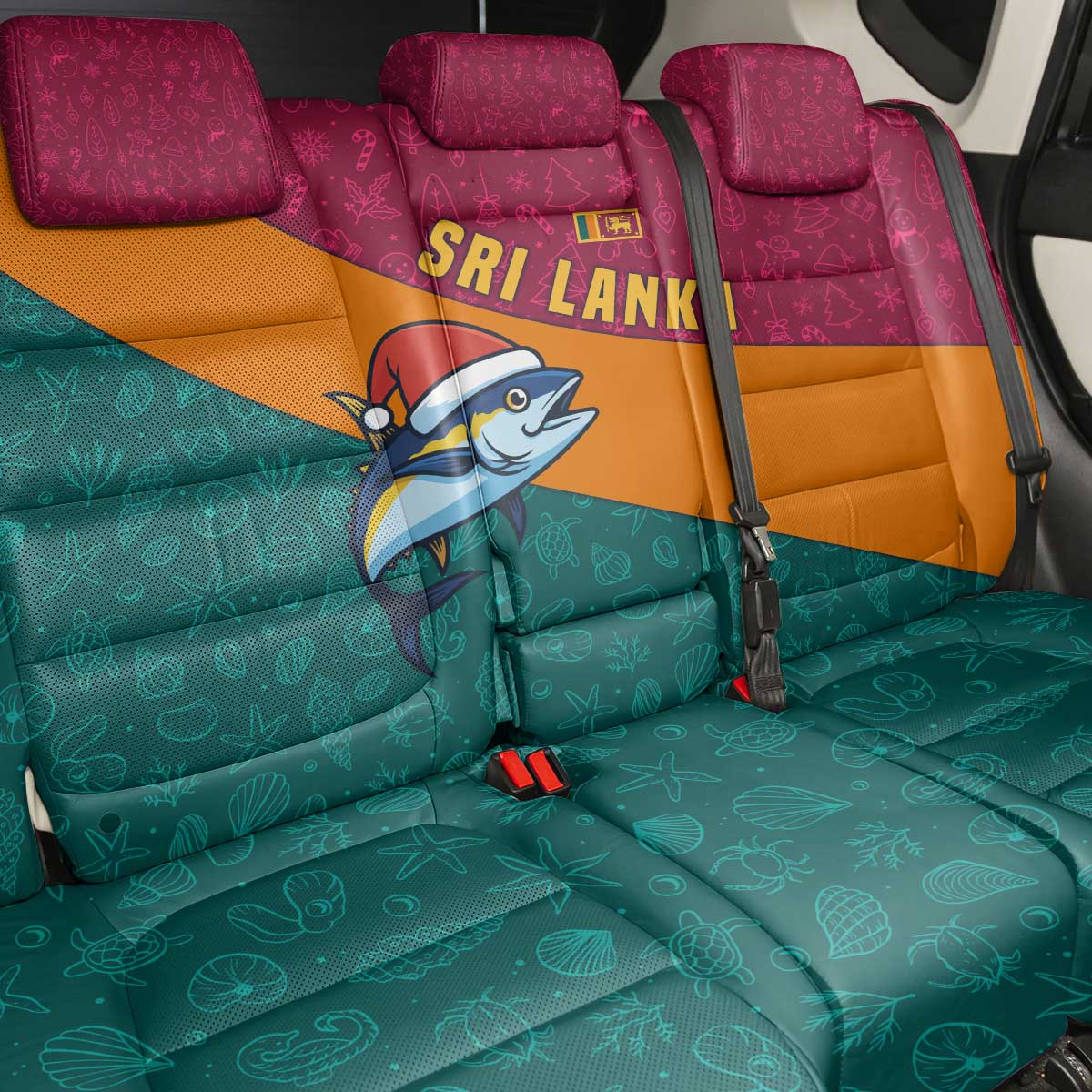 Sri Lanka Christmas Back Car Seat Cover with Santa Hat Fish Ocean Icons and Tri Color Festive Design - Wonder Print Shop