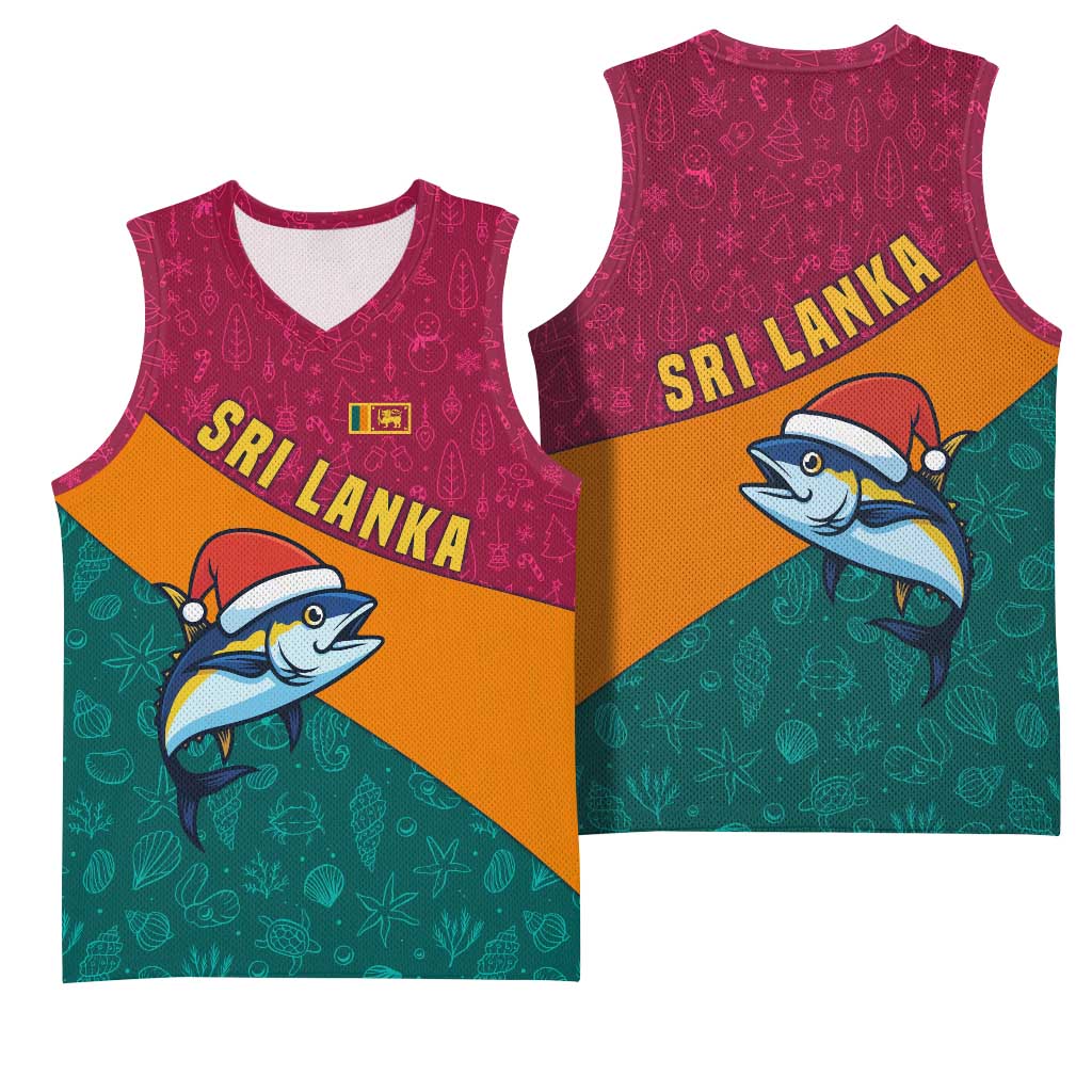 Sri Lanka Christmas Basketball Jersey with Santa Hat Fish Ocean Icons and Tri Color Festive Design - Wonder Print Shop