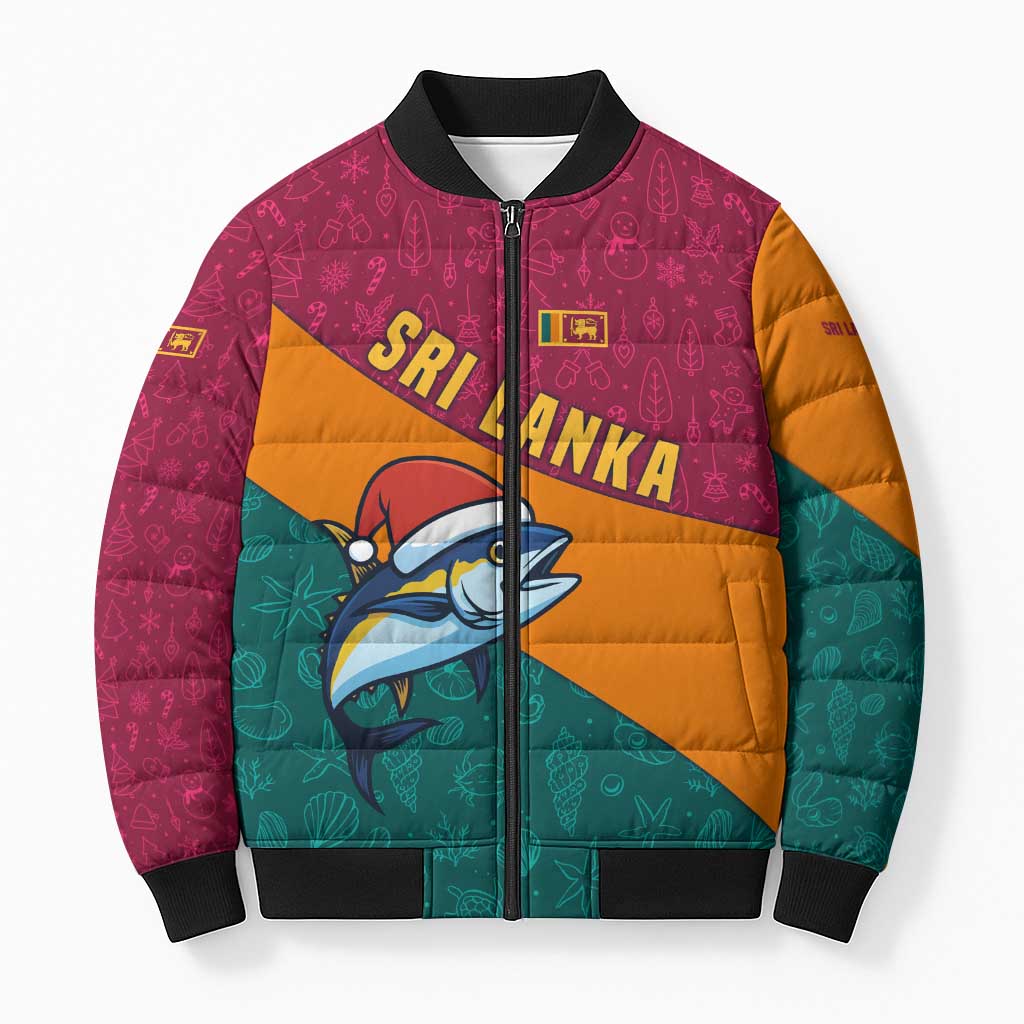 Sri Lanka Christmas Bomber Puffer Jacket with Santa Hat Fish Ocean Icons and Tri Color Festive Design - Wonder Print Shop