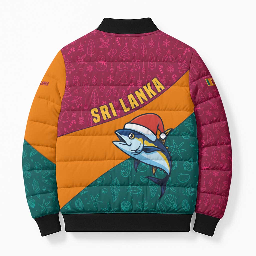 Sri Lanka Christmas Bomber Puffer Jacket with Santa Hat Fish Ocean Icons and Tri Color Festive Design - Wonder Print Shop