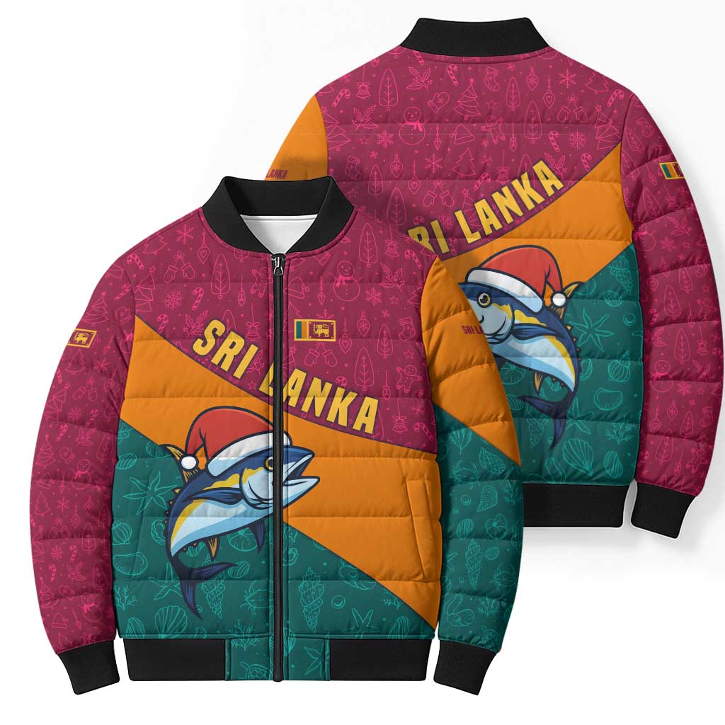 Sri Lanka Christmas Bomber Puffer Jacket with Santa Hat Fish Ocean Icons and Tri Color Festive Design - Wonder Print Shop