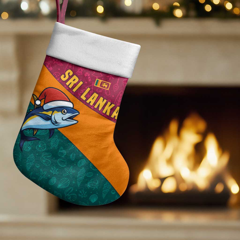 Sri Lanka Christmas Stocking with Santa Hat Fish Ocean Icons and Tri Color Festive Design - Wonder Print Shop
