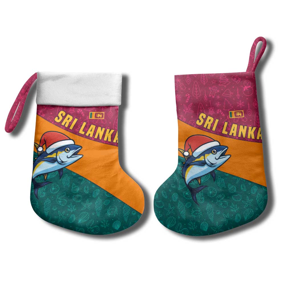 Sri Lanka Christmas Stocking with Santa Hat Fish Ocean Icons and Tri Color Festive Design - Wonder Print Shop