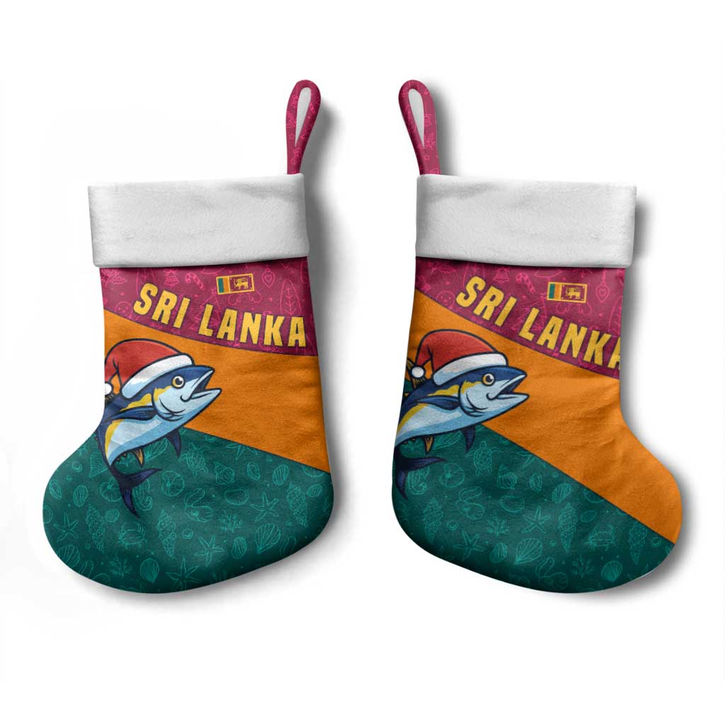 Sri Lanka Christmas Stocking with Santa Hat Fish Ocean Icons and Tri Color Festive Design - Wonder Print Shop