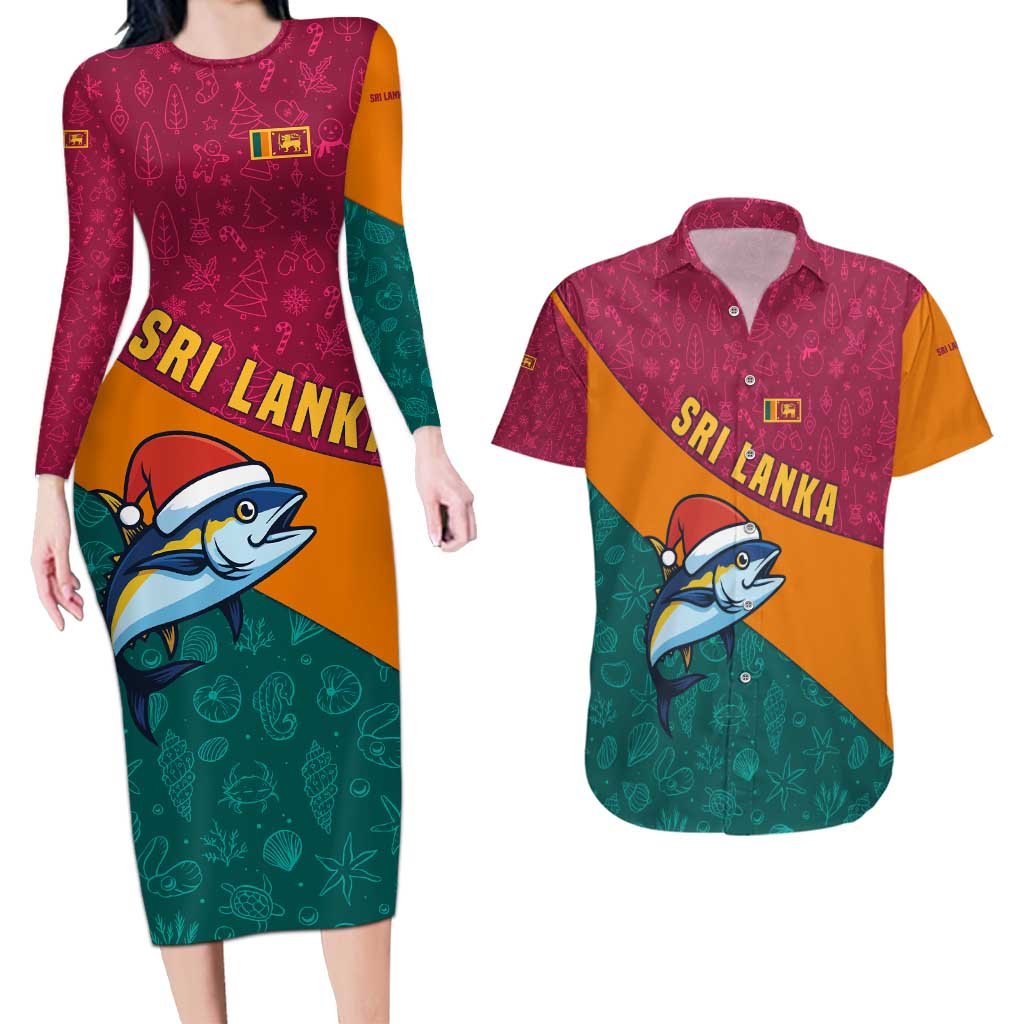 Sri Lanka Christmas Couples Matching Long Sleeve Bodycon Dress and Hawaiian Shirt with Santa Hat Fish Ocean Icons and Tri Color Festive Design - Wonder Print Shop
