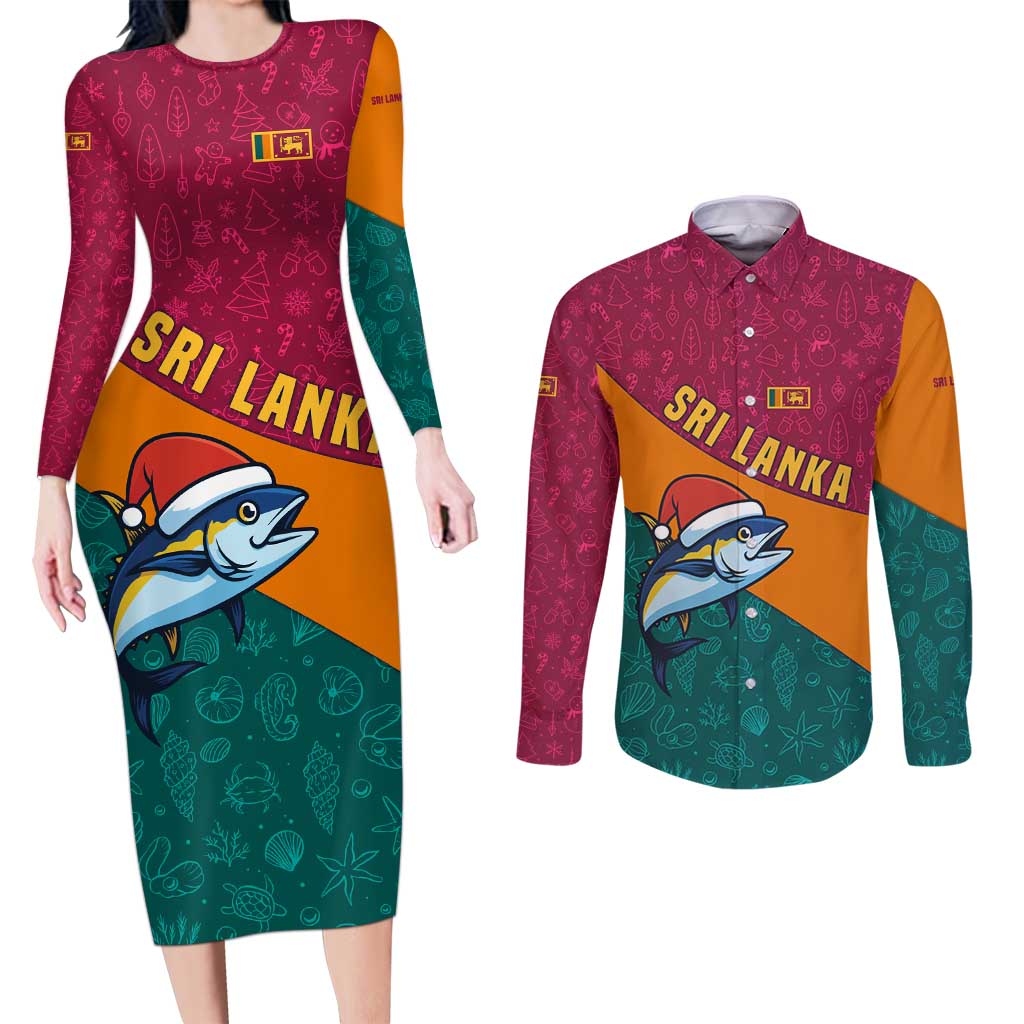 Sri Lanka Christmas Couples Matching Long Sleeve Bodycon Dress and Long Sleeve Button Shirt with Santa Hat Fish Ocean Icons and Tri Color Festive Design - Wonder Print Shop